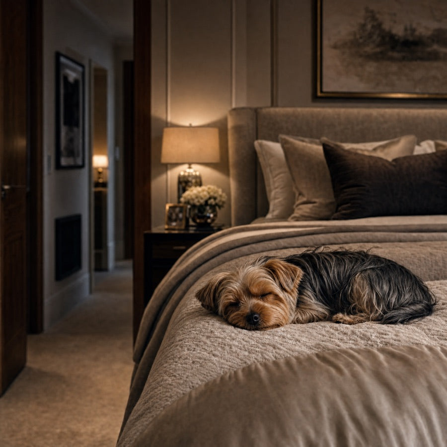 A small dog asleep at the end of the bed in low lamplight