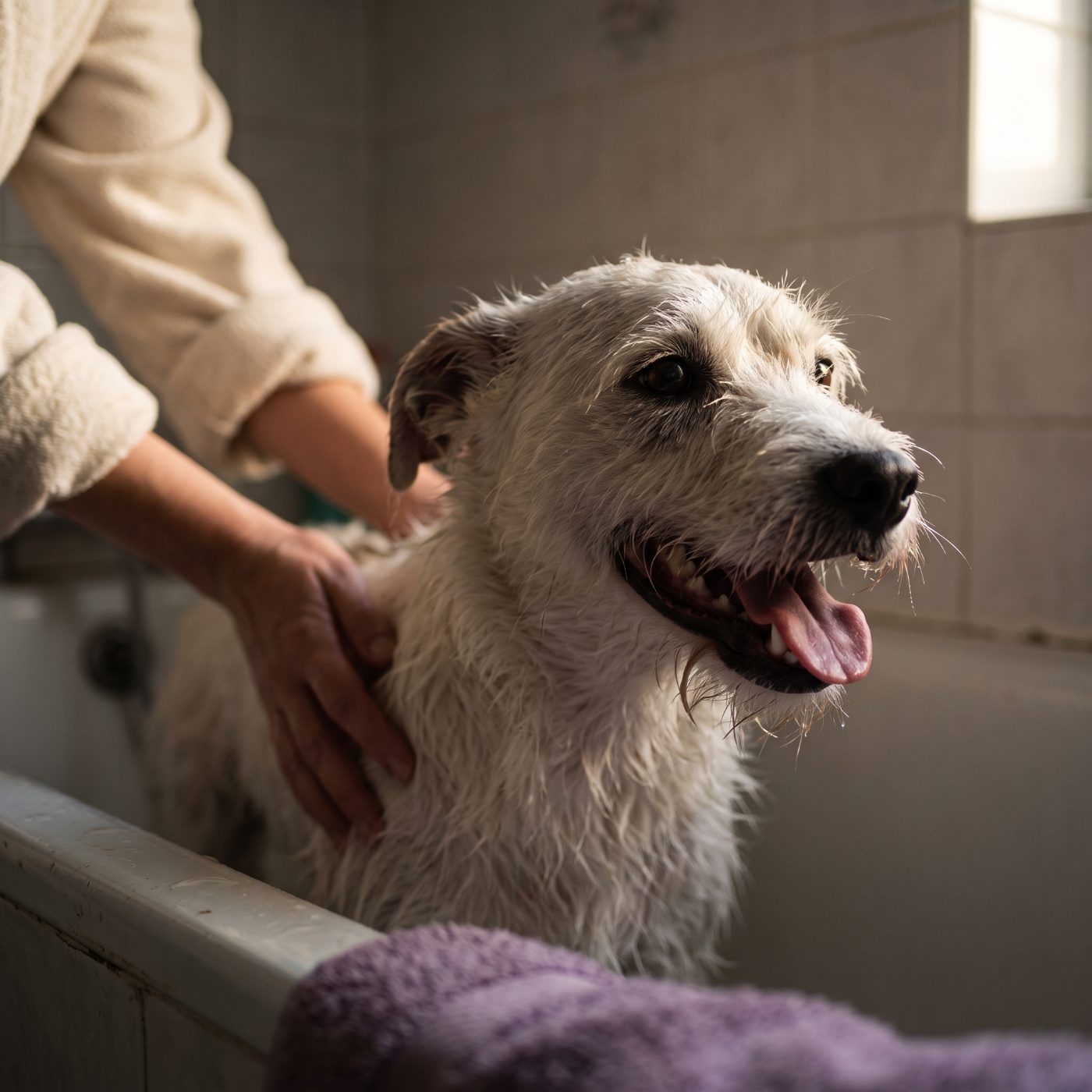 A dog in the bath, wet coat, hands working in lather in warm low light