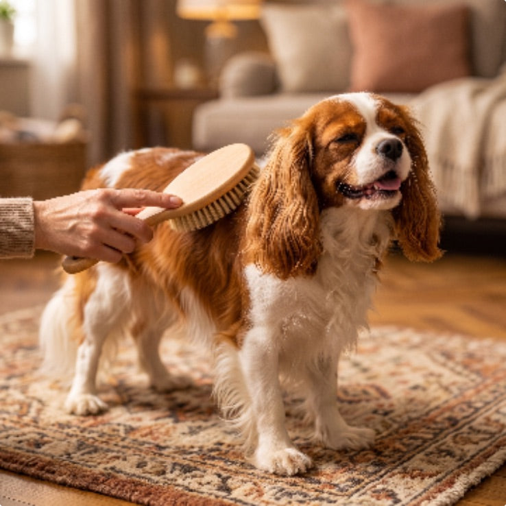 A hand brushing a spaniel on the rug in the evening