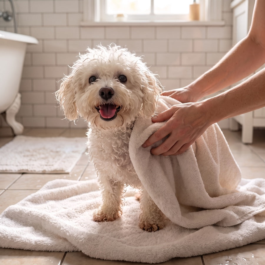 A curly-coated dog wrapped in a towel after the bath, morning light in the bathroom
