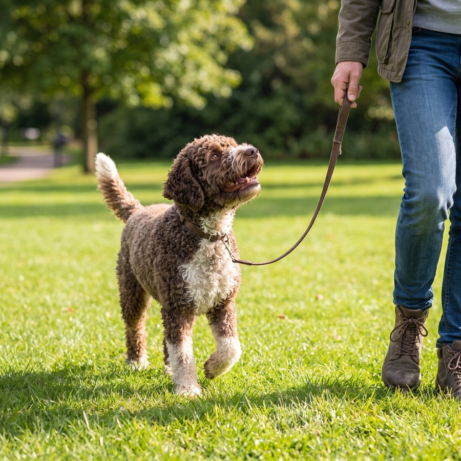 A curly-coated dog on the lead, looking up on the walk home